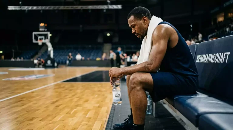 Basketballspieler im Trikot sitzt mit Handtuch und Wasserflasche auf der Auswechselbank am Rand des Parketts
