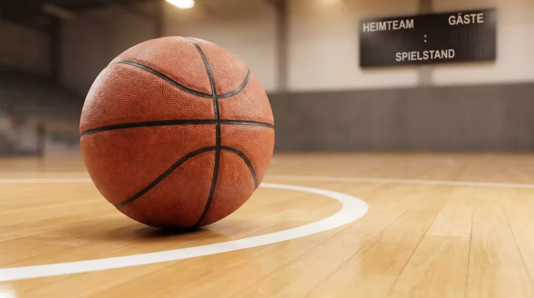Orangefarbener Basketball liegt auf dem Parkettboden einer NBA-Arena neben der Drei-Punkte-Linie