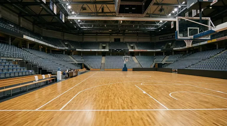 Hartholzboden und leere Spielerbank einer Indoor-Basketball-Arena im NBA-Format
