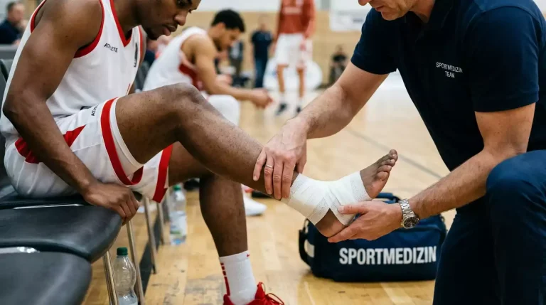 Athletiktrainer tapt das Sprunggelenk eines Basketballspielers im Trikot auf der Auswechselbank