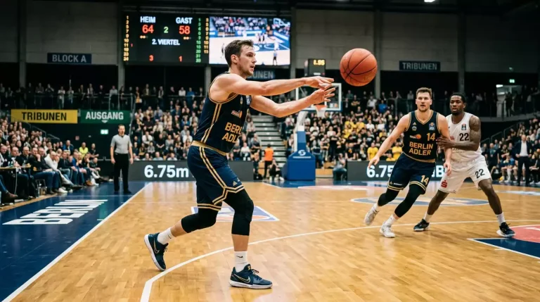 Basketballspieler im NBA-Trikot passt den Ball zu einem Mitspieler auf dem Hartholzboden