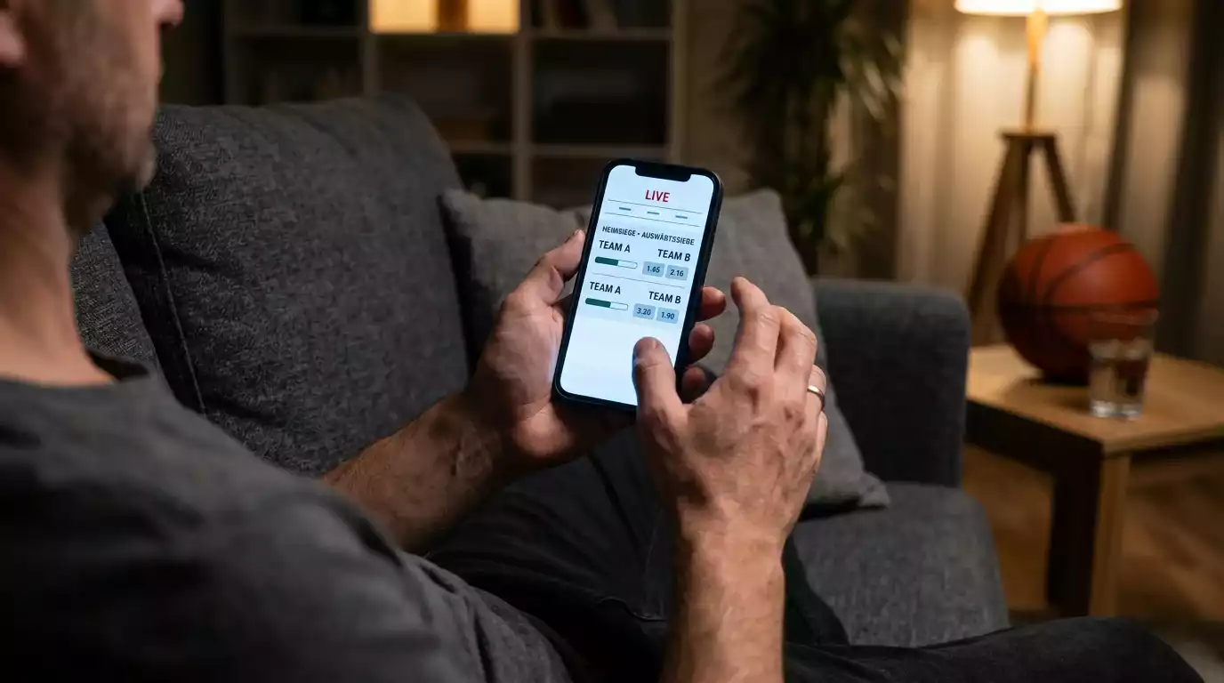 Live-Wetten auf ein NBA-Spiel über ein Smartphone bei Nacht