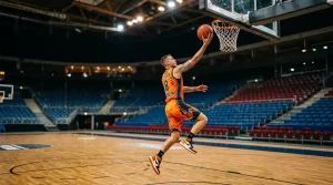 Basketballspieler im NBA-Trikot wirft den Ball aus dem Lauf zum Korb in einer Indoor-Hartholzhalle