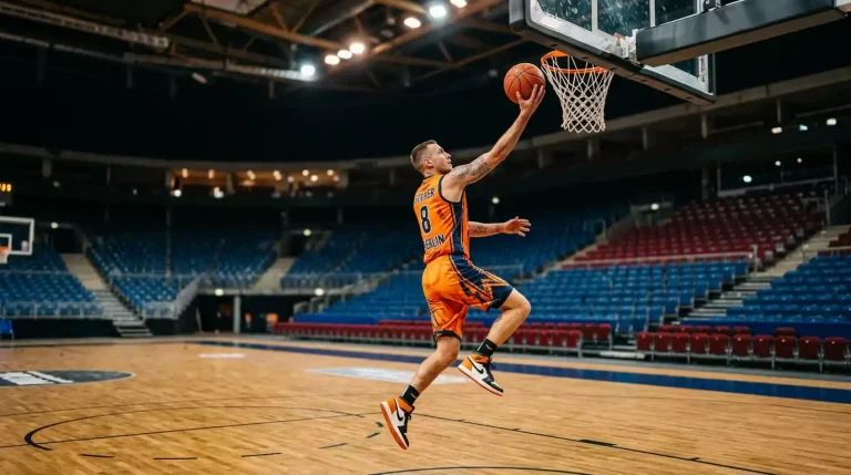 Basketballspieler im NBA-Trikot wirft den Ball aus dem Lauf zum Korb in einer Indoor-Hartholzhalle