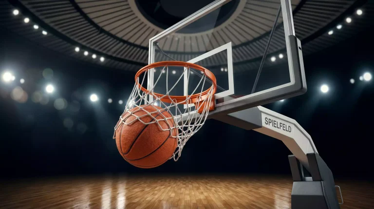 Orange Basketball fällt durch das Netz eines NBA-Korbs mit Glas-Backboard