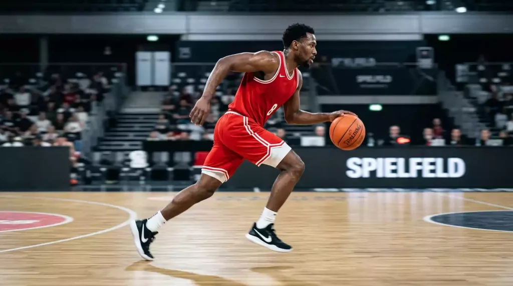 Basketball-Spielmacher im roten Trikot dribbelt im Fast-Break über das Parkett einer NBA-Arena