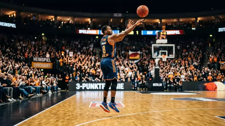 Basketballspieler in NBA-Spielkleidung springt für einen Dreierwurf in einer Indoor-Arena