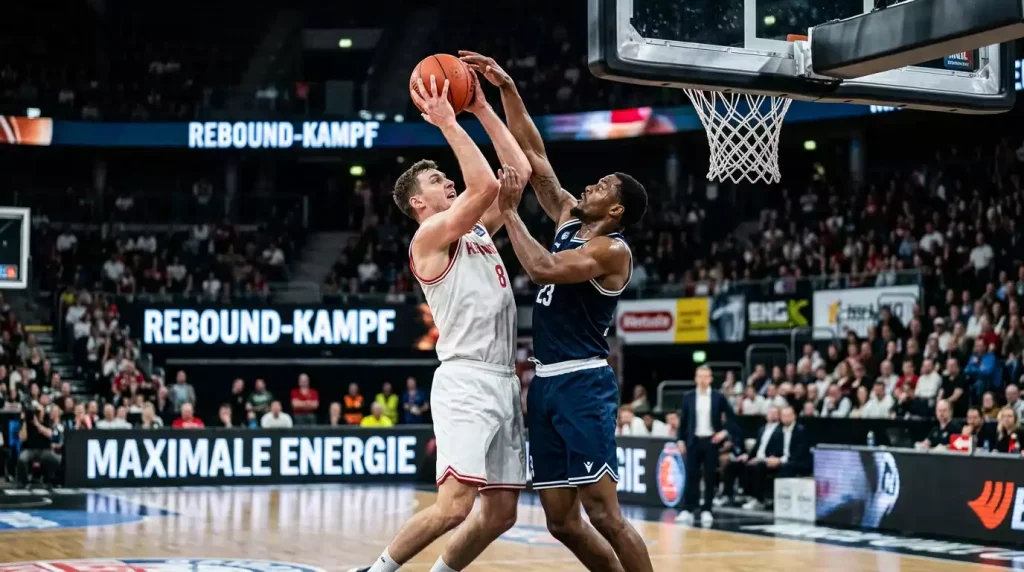 Zwei Basketballspieler in weißem und dunkelblauem Trikot kämpfen unter dem Korb um einen Rebound