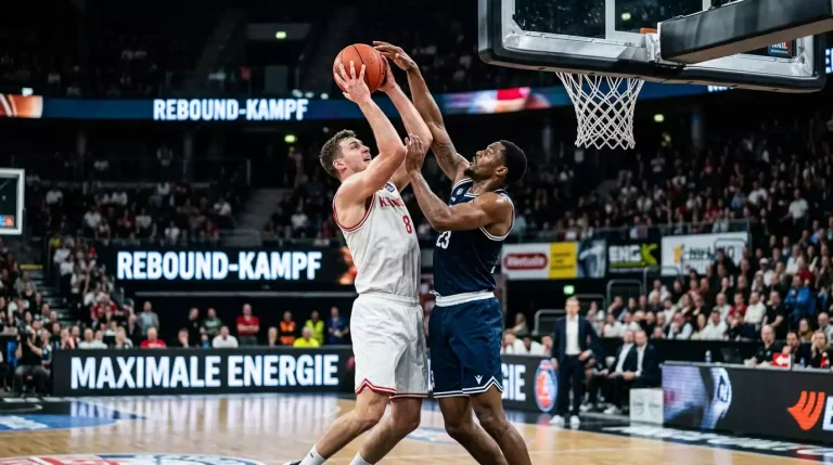 Zwei Basketballspieler in weißem und dunkelblauem Trikot kämpfen unter dem Korb um einen Rebound