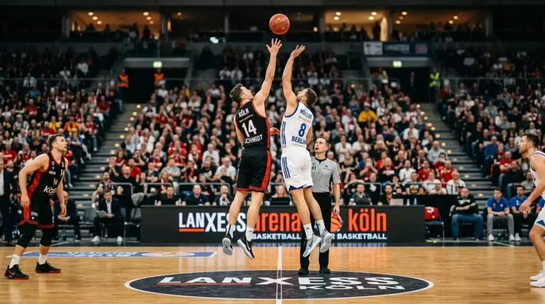 Tip-off zwischen zwei Basketballspielern in NBA-Trikots am Mittelkreis einer Indoor-Halle