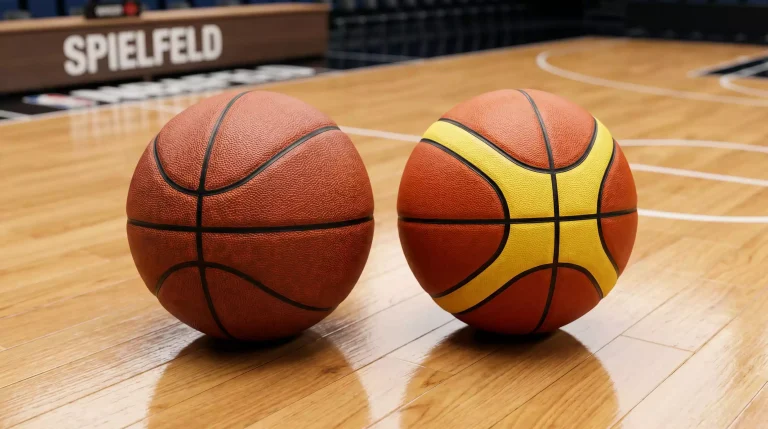 Zwei Basketbälle nebeneinander auf dem Parkettboden - klassischer orangefarbener NBA-Ball und gelb-oranger FIBA-Ball