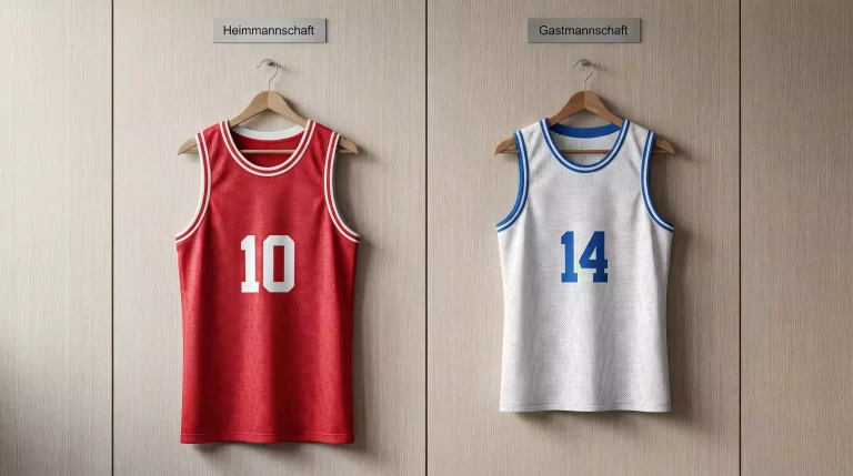 NBA-Heimtrikot in Rot und EuroLeague-Auswärtstrikot in Weiß-Blau nebeneinander auf Kleiderbügeln in einer Umkleidekabine
