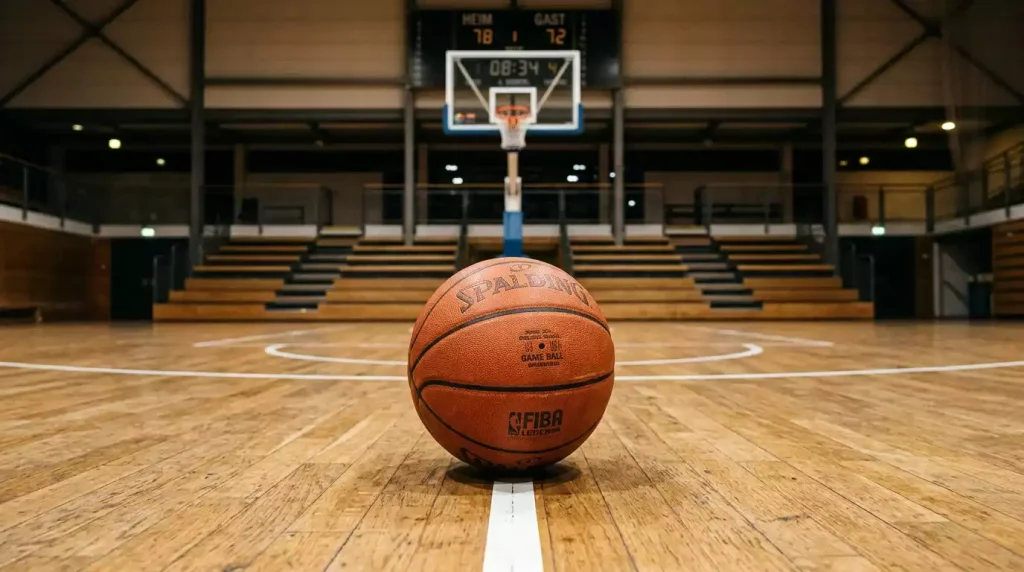 Orange Basketball auf der Mittellinie eines NBA-Hartholzbodens in einer beleuchteten Halle
