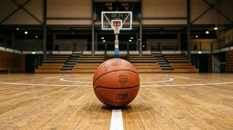 Orange Basketball auf der Mittellinie eines NBA-Hartholzbodens in einer beleuchteten Halle