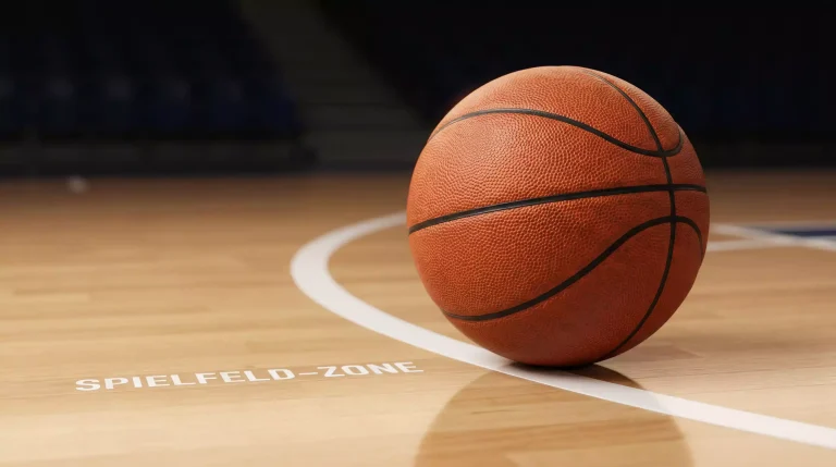 Orangefarbener Basketball auf dem Parkettboden einer NBA-Arena vor der Freiwurflinie